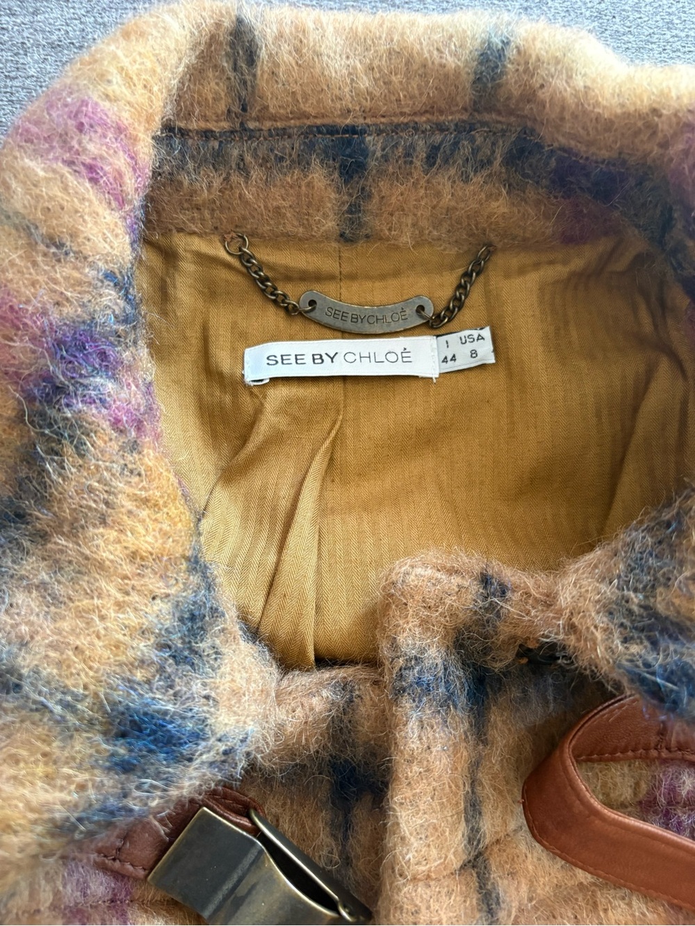 See By Chloe Vintage Mustard Plaid Pea Coat with Leather Buckles Size 8 - Picture 2 of 2